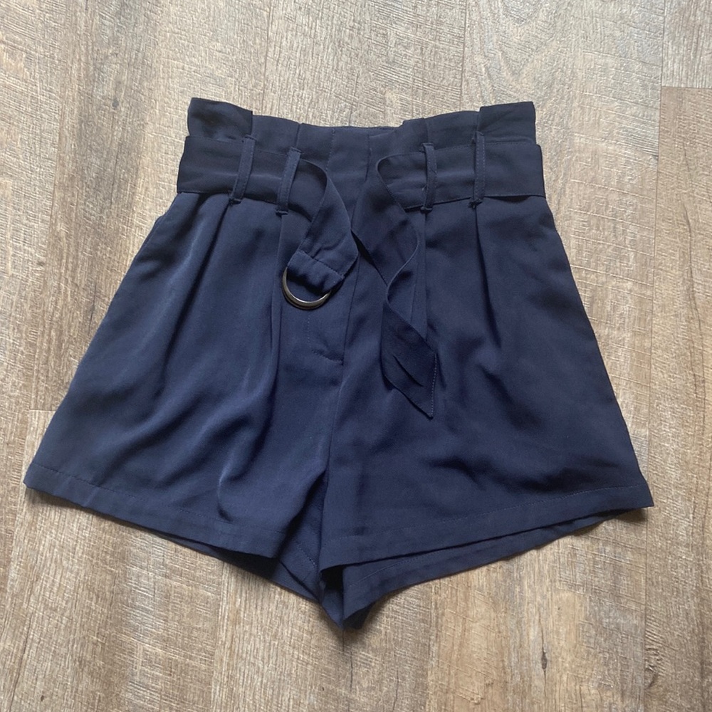 Navy Blue Belted High Waisted Linen Shorts
